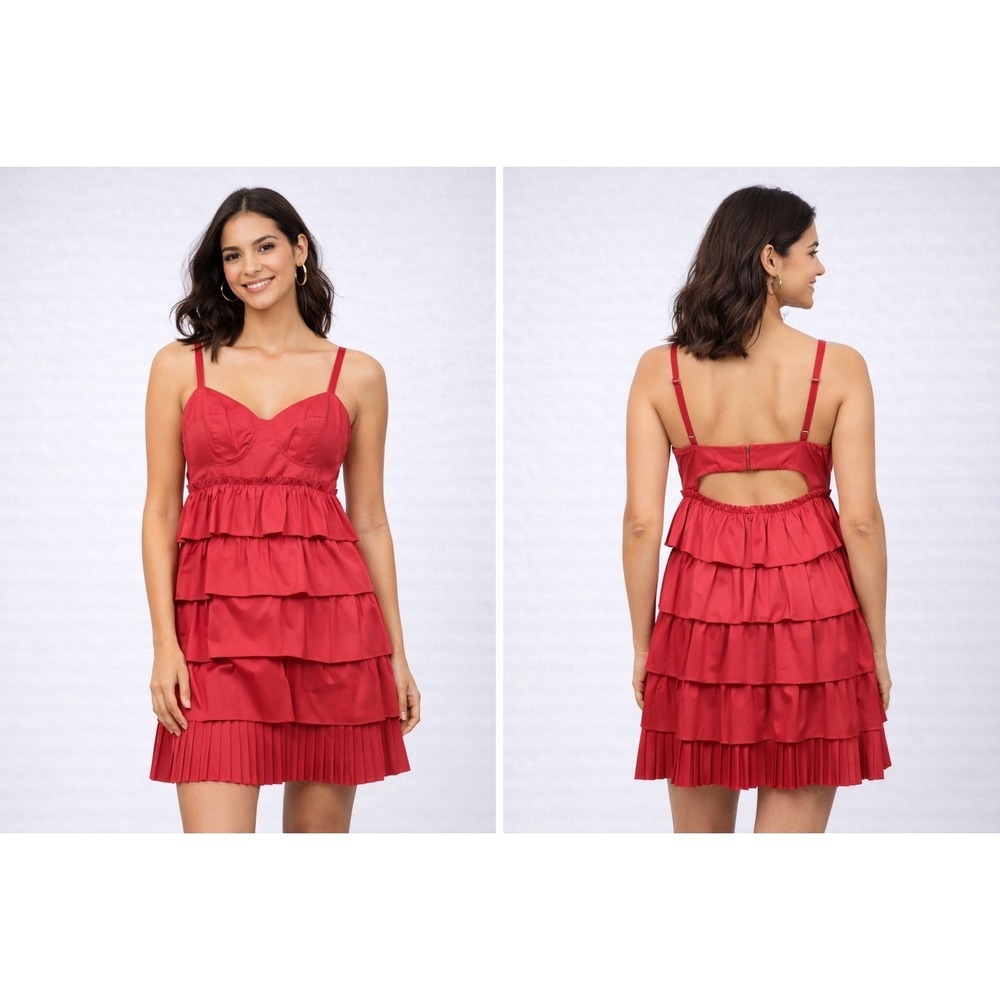 NANETTE LEPORE Red Ruffle Tiered Mini Dress Cutout Back Romantic Valentine Sz 10